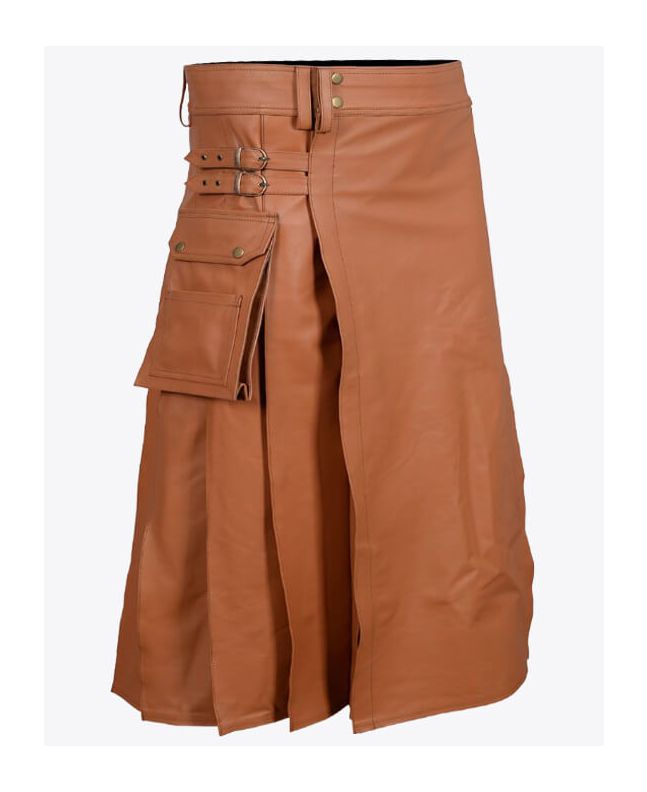 Brown Leather Kilt for Men with Pockets